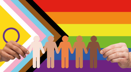 hands holding people pictogram over pride flagの写真素材