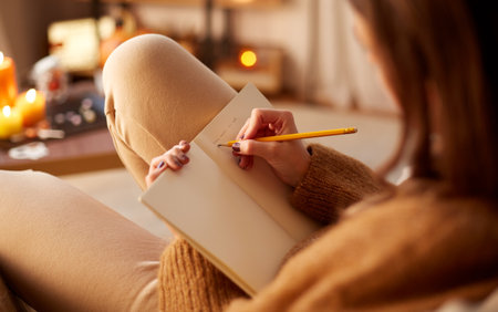 woman writing to diary at home on halloweenの写真素材