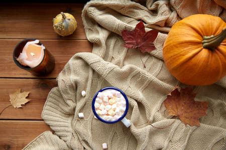 cup of marshmallow, candle and pumpkin on windowの写真素材