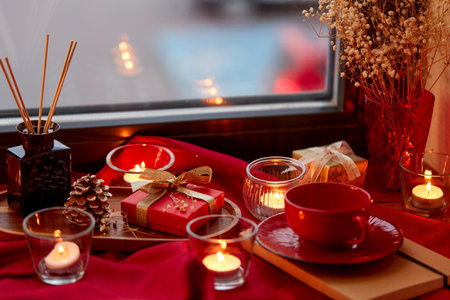 christmas gift, candles and cup on window sillの写真素材