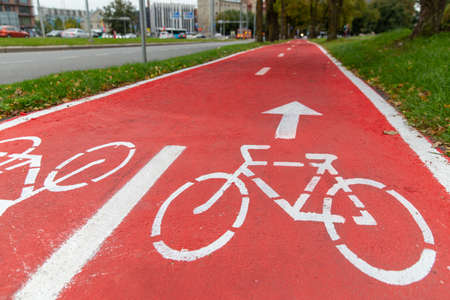 bike lane or red road with signs of bicyclesの写真素材