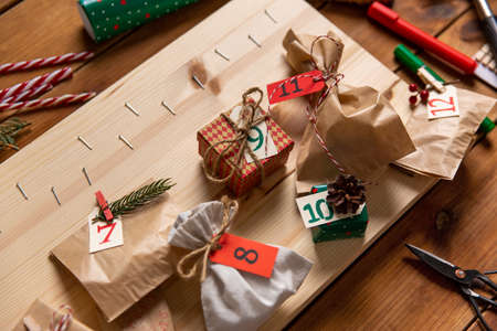 christmas gifts and decor for advent calendarの写真素材