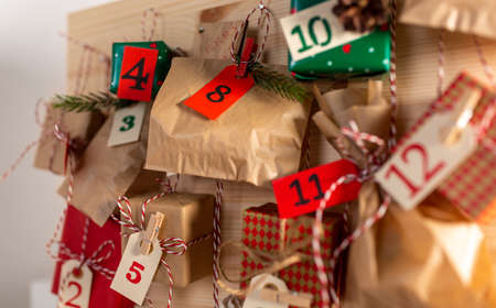 close up of christmas advent calendar on boardの写真素材