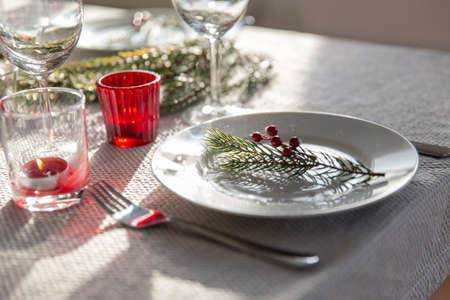 christmas dinner party table serving at home
