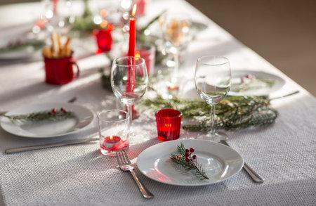 christmas dinner party table serving at homeの写真素材