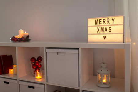 close up of shelf decorated for christmas at homeの写真素材