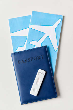 negative coronavirus test, passport and ticketsの写真素材