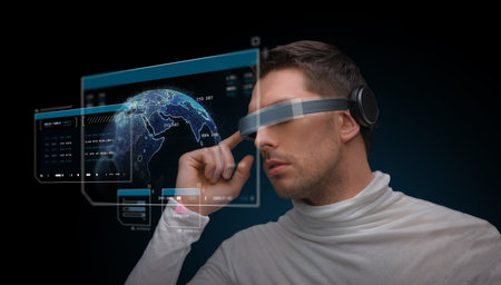 man in virtual reality 3d glasses with screens