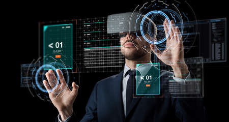 businessman in vr glasses using virtual screen