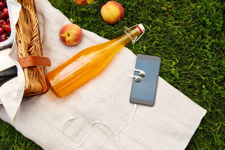 phone, earphones, picnic basket and juice bottleの写真素材