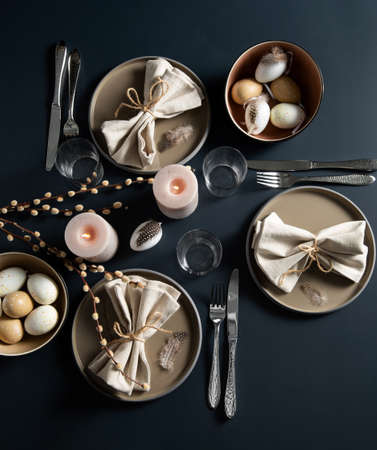 close up of easter table serving over blackの写真素材