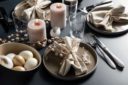 close up of easter table serving over black
