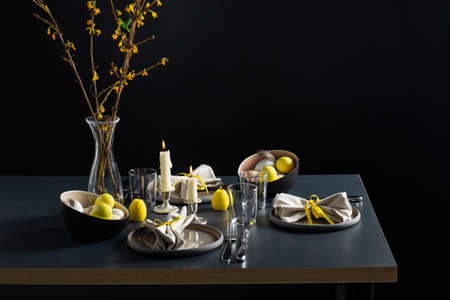 close up of easter table serving over black