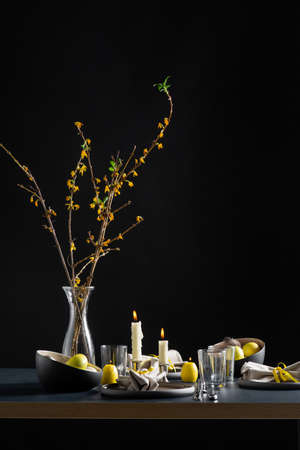 close up of easter table serving over blackの写真素材