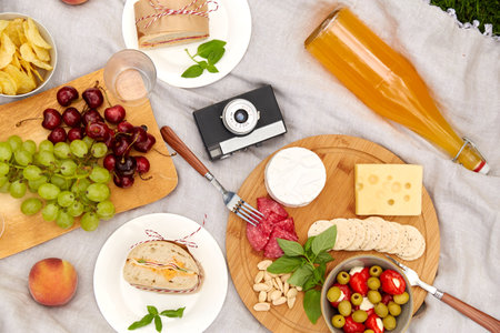 close up of food and drinks on picnic blanketの写真素材