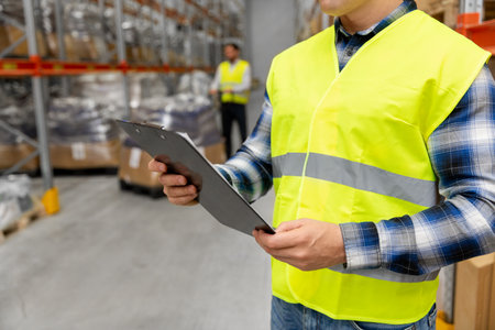 warehouse worker with clipboard in safety vestの写真素材