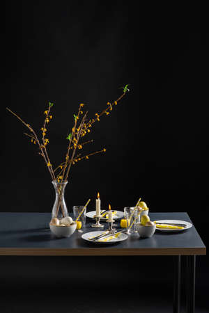 close up of easter table serving over black