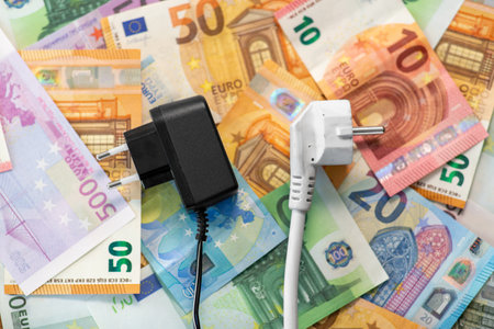 close up of electric plugs on moneyの写真素材