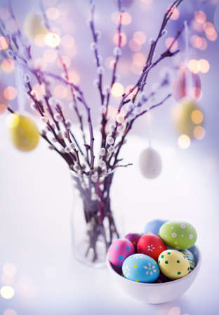 close up of easter eggsand pussy willow branchesの写真素材