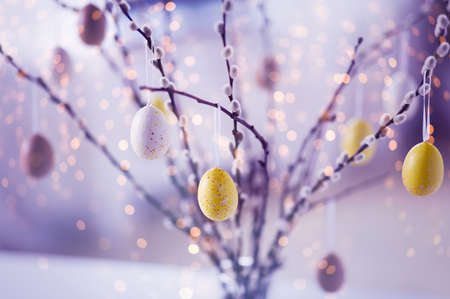 close up of pussy willow decorated by easter eggsの写真素材