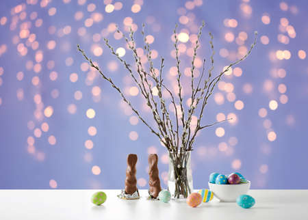 pussy willow, easter eggs and chocolate bunnies
