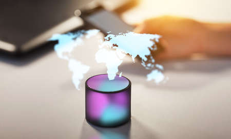 smart speaker and virtual world map hologram