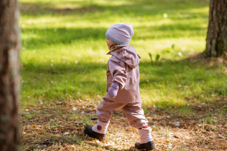 happy little baby girl walking in autumn park