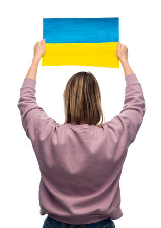 woman holding flag of ukraineの写真素材