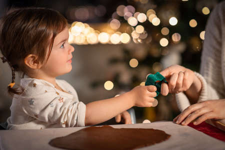 mother and daughter making gingerbread at homeの写真素材