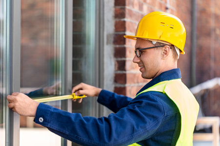 male builder with ruler measuring window