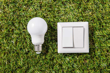 close up of light bulb and switch on green grassの写真素材