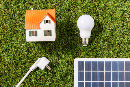 solar battery, lightbulb, plug and house on grassの写真素材