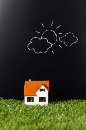 close up of house model on grass over blackの写真素材