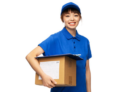 happy smiling delivery woman holding parcel box