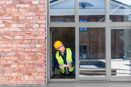 male builder with clipboard looking out windowの写真素材