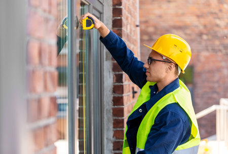 male builder with ruler measuring window