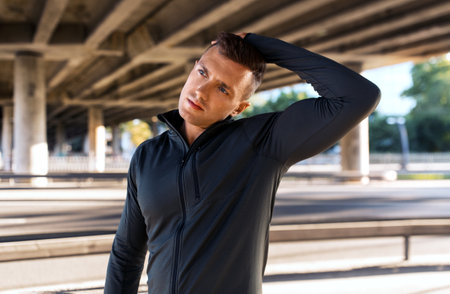 man stretching neck under bridgeの写真素材