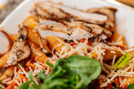 close up of chicken pasta with vegetables on plateの写真素材