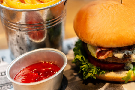 close up of burger, french fries and ketchupの写真素材