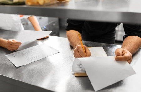 chef with clipboard filling papers on kitchenの写真素材