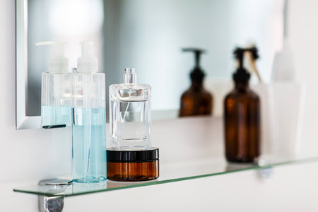 lotion, perfume and moisturizer on bathroom mirrorの写真素材