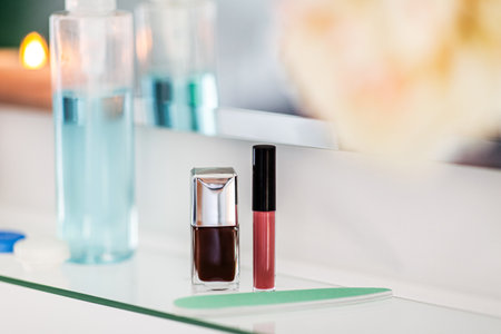 lotion, polish and lipstick on mirror in bathroomの写真素材