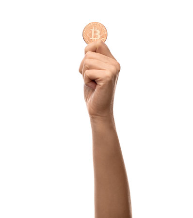close up of hand with bitcoin over whiteの写真素材