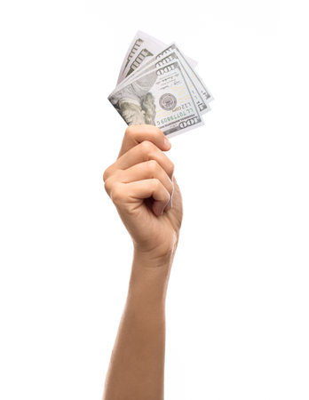 close up of hand holding 100 dollar banknotesの写真素材
