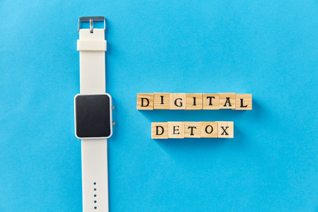 smart watch and digital detox words made of blocksの写真素材