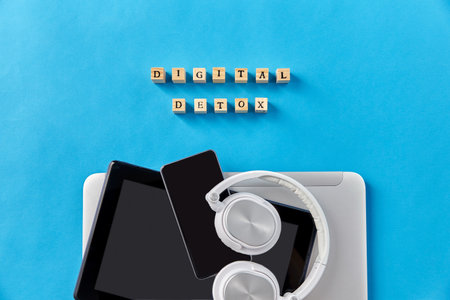gadgets and digital detox words made of blocksの写真素材