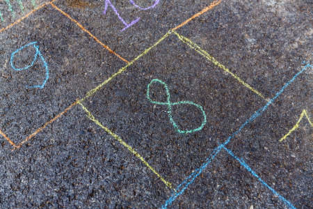 close up of hopscotch chalk drawing on asphaltの写真素材