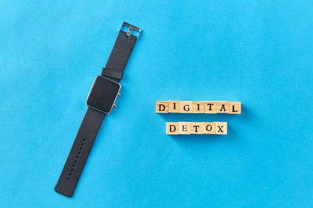 smart watch and digital detox words made of blocksの写真素材