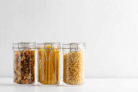close up of jars with different pasta typesの写真素材