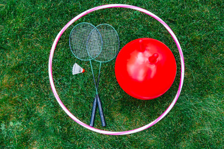 hopper, hoop, badminton rackets and shuttlecockの写真素材